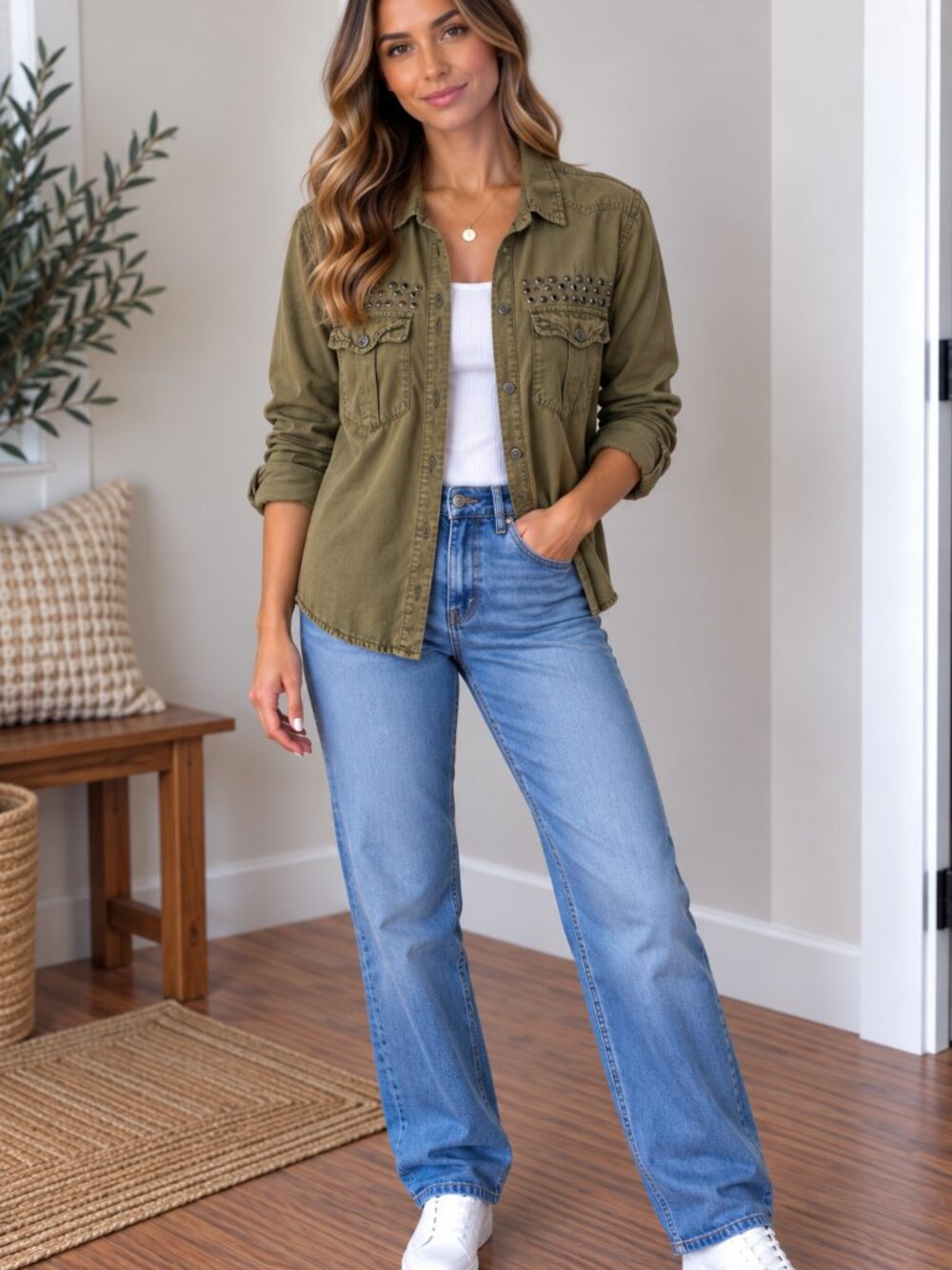 Velvet Heart Olive Studded Button-Down Shirt